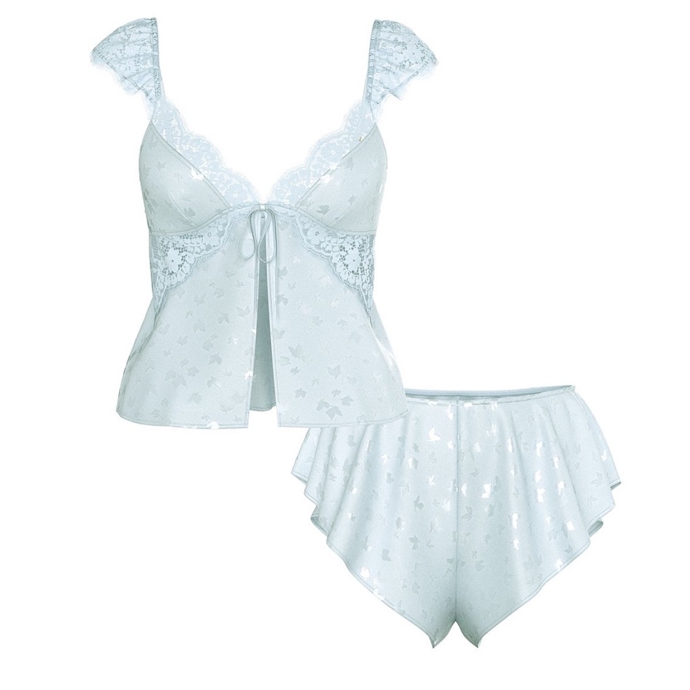 Victoria's Secret Tease Butterfly Satin Fly-Away Cami Set Blue Flutter Sleeve